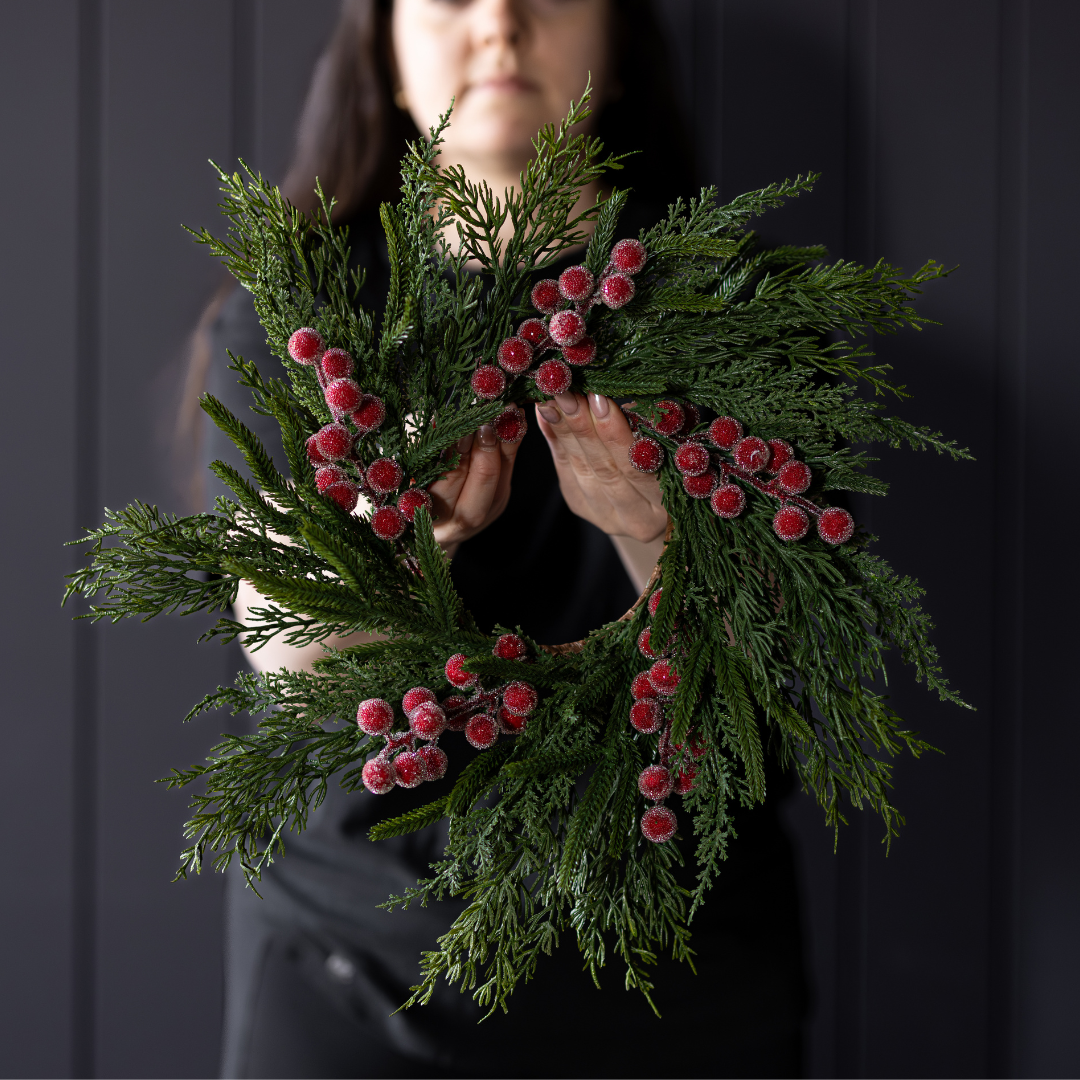 Red Frosted Berry Cypress Wreath | 14"
